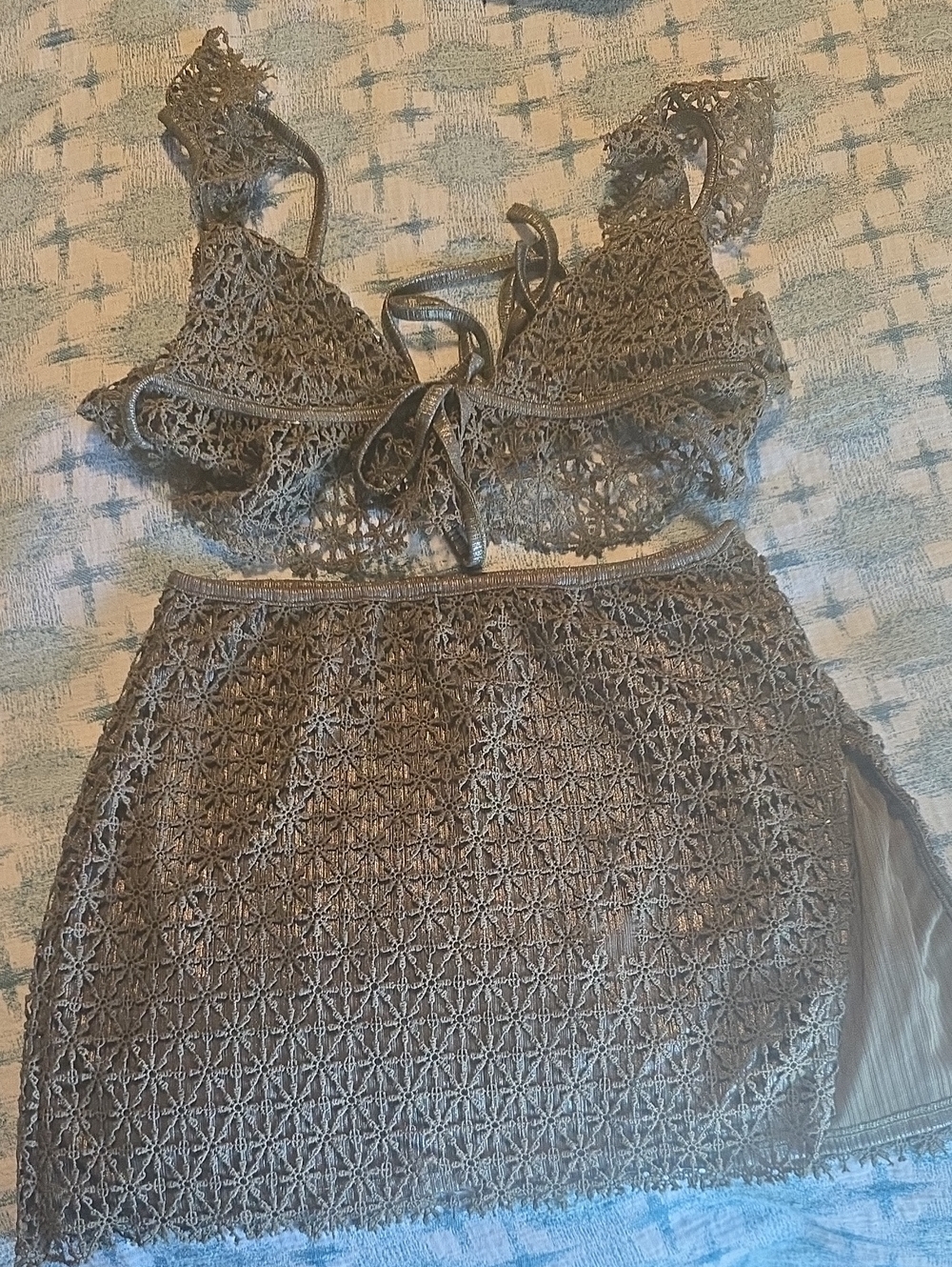 Lucy in the Sky Dark Olive Metallic Crochet Bralette And Skirt Size Small As Is